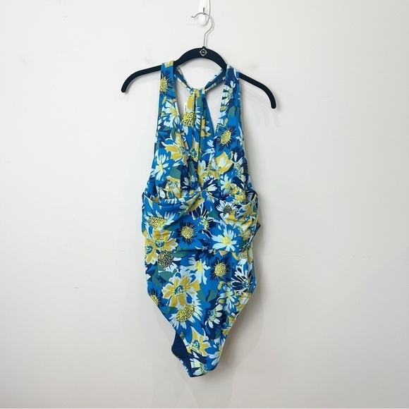 Adore Me Monroe One Piece Swimsuit Bathing Suit Blue Yellow Floral - Picture 1 of 5